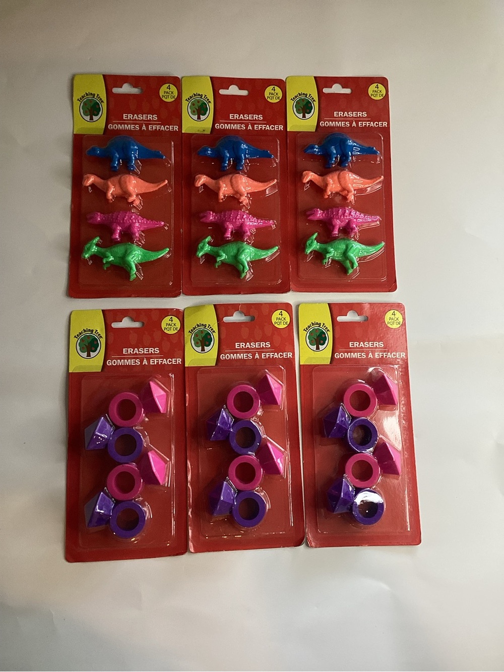 New Lot Of 6 Packs Of Vintage Erasers 3 Packs Of 4 Dinosaur & 3 Of Diamond Rings